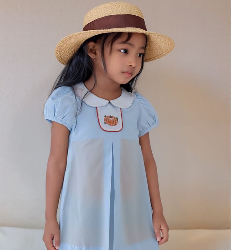 Blue Peter Pan Collar Pleated Thanksgiving Dress w Pumpkins