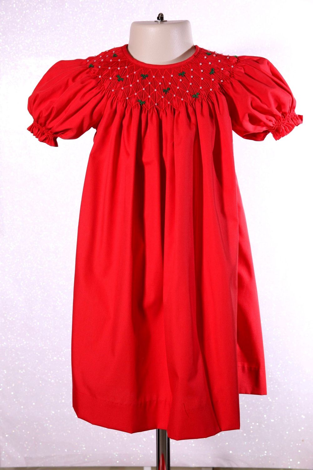 Christmas Red Smocked W Green Bows Bishop Dress