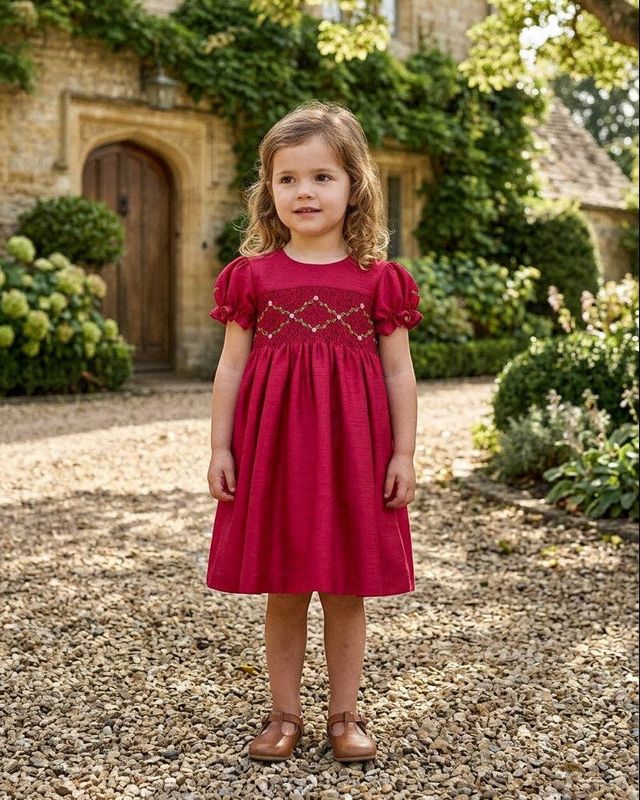Smocked Silk Red Short Sleeve Dress