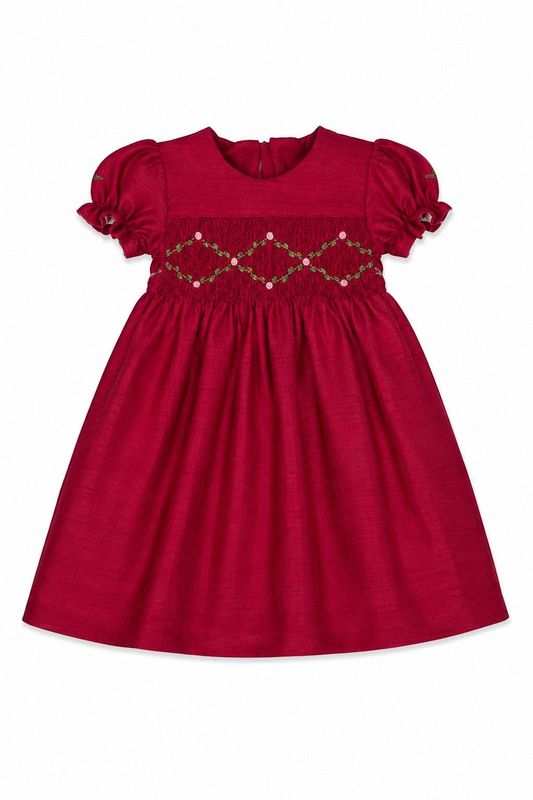 Smocked Silk Red Short Sleeve Dress