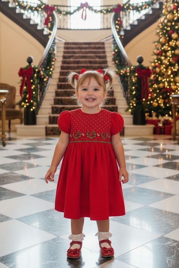 Smocked Christmas Corduroy Red  Wreath Dress