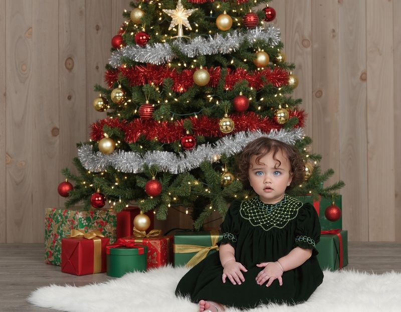 Green Corduroy Smocked w Pearl Bishop Dress