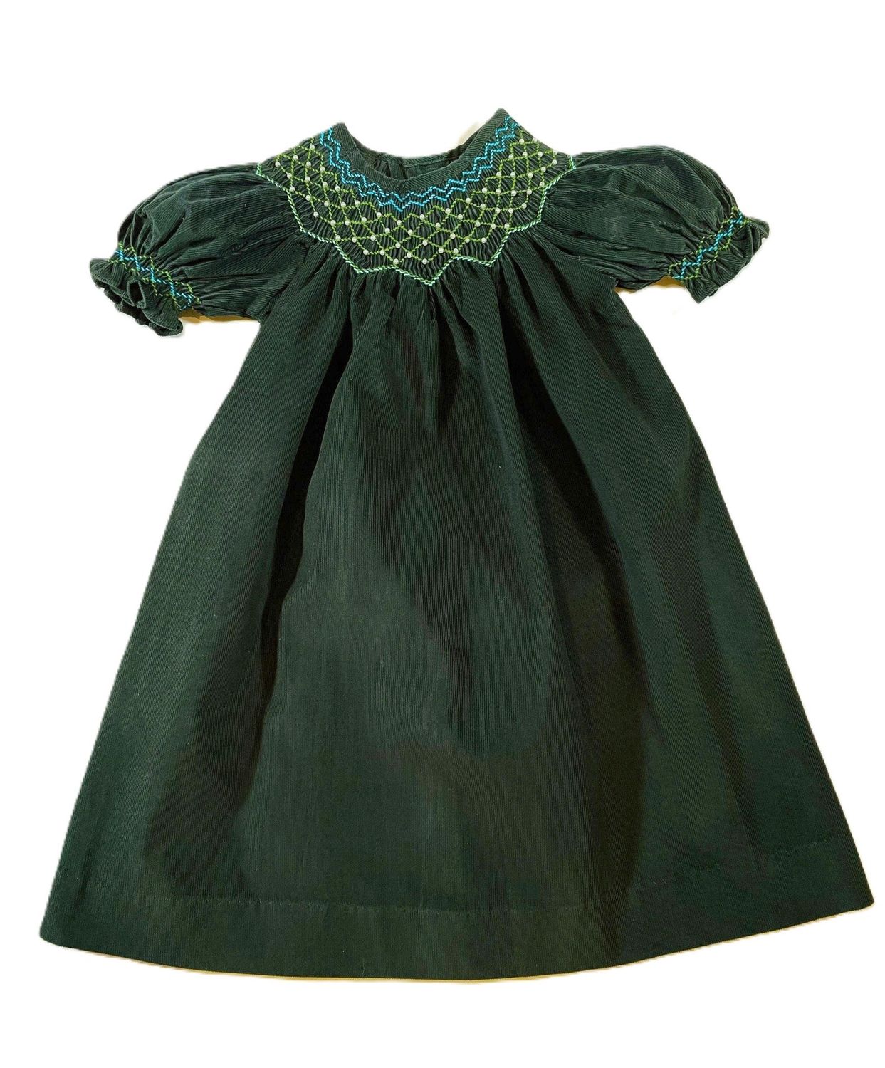 Green Corduroy Smocked w Pearl Bishop Dress
