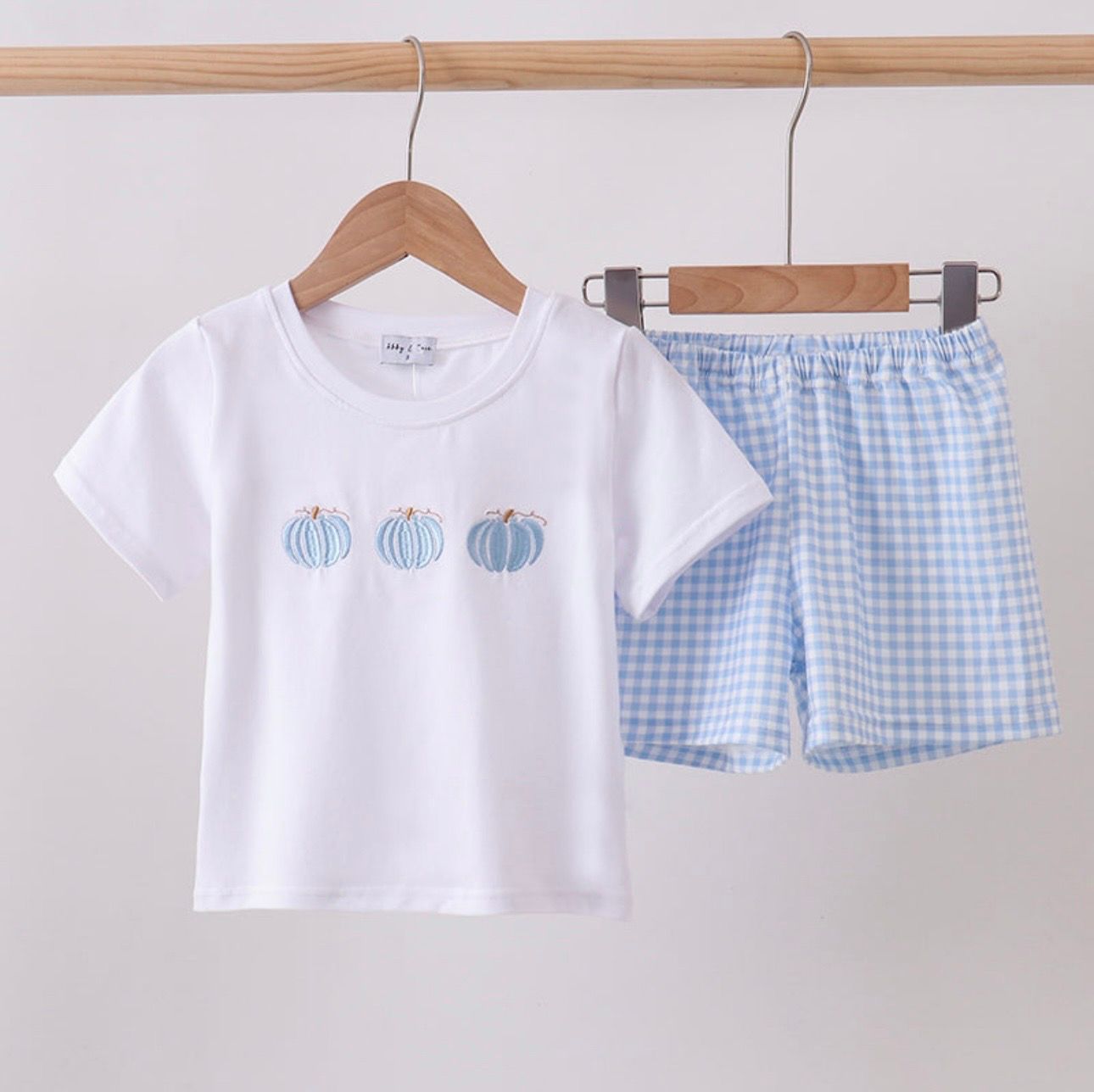 Blue Halloween/Thanksgiving Pumpkin Gingham Short Set