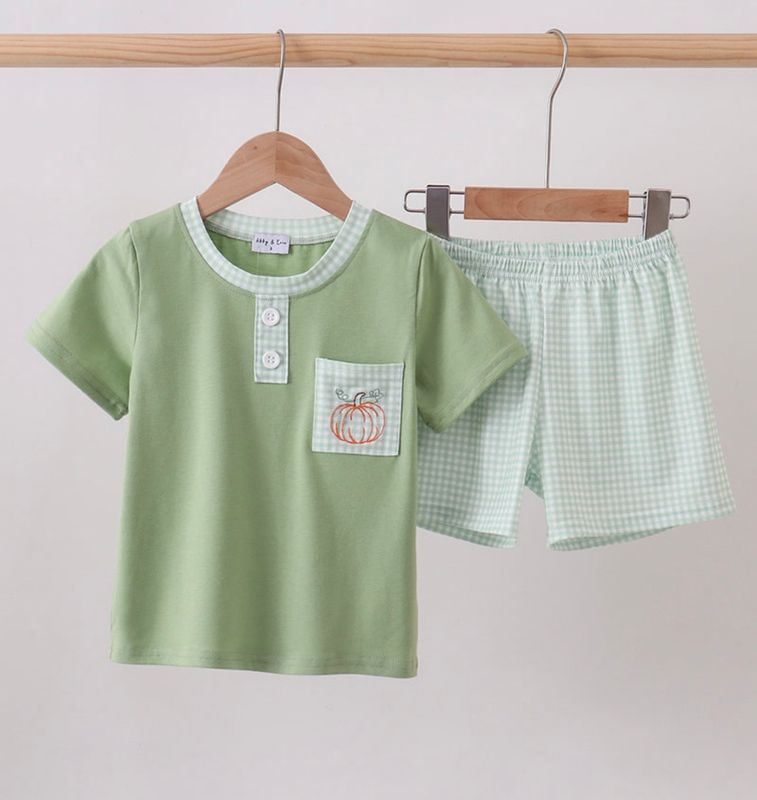 Thanksgiving Sage Pumpkin Embroidered Shorts Set