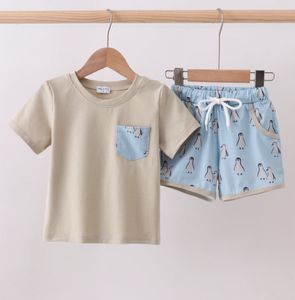 Blue Penguin Print Shorts Set