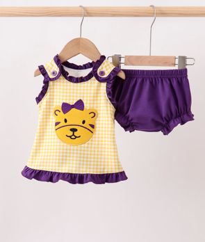 Yellow LSU Gingham Tiger Applique Bloomer Set