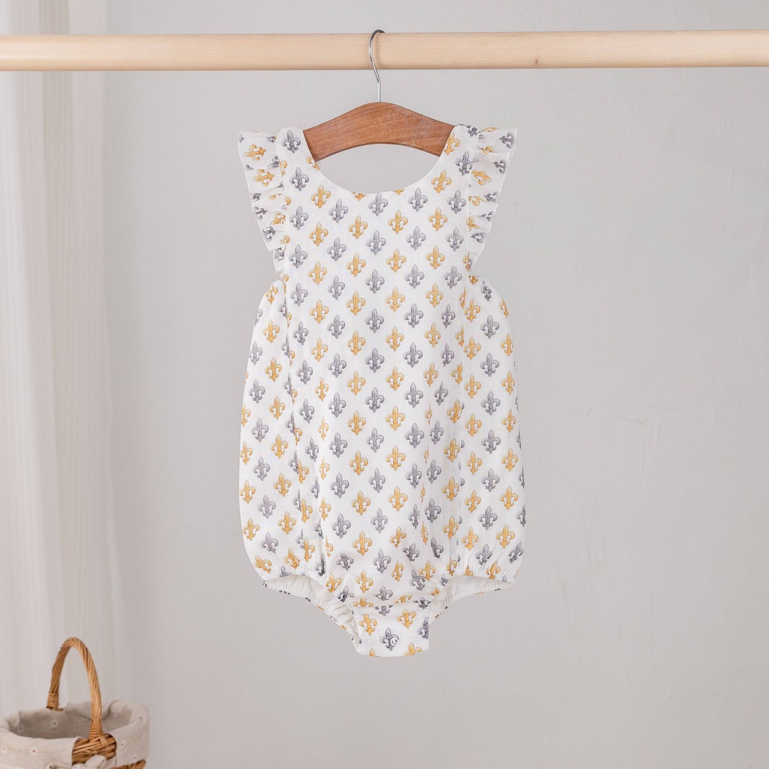 Black &amp; Gold Fleur De Lis Organic Muslin Bubble Romper