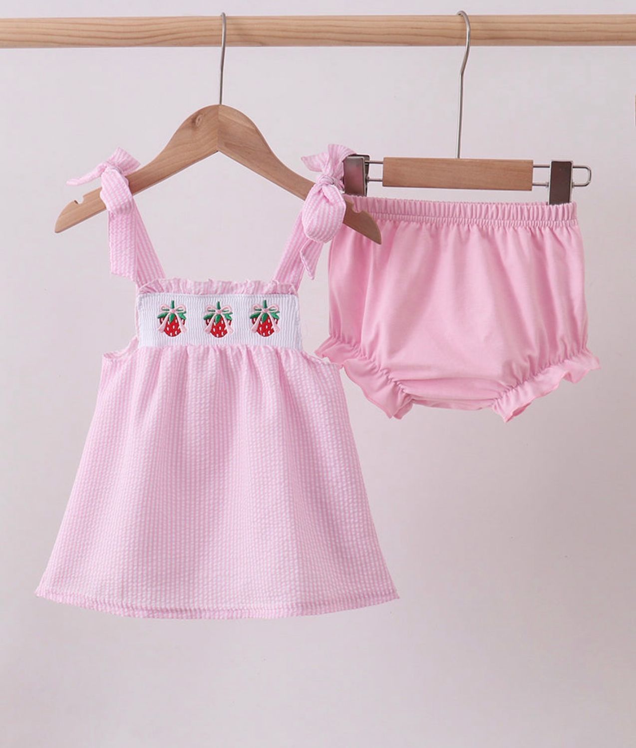 Girls Pink Seersucker Strawberry Bloomer Set