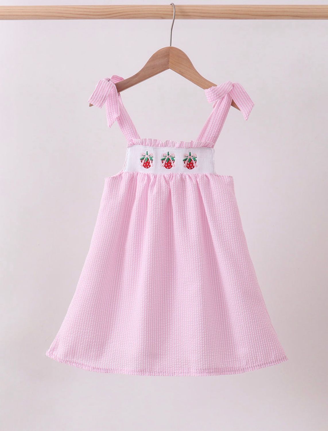 Girls Pink Seersucker Strawberry Dress