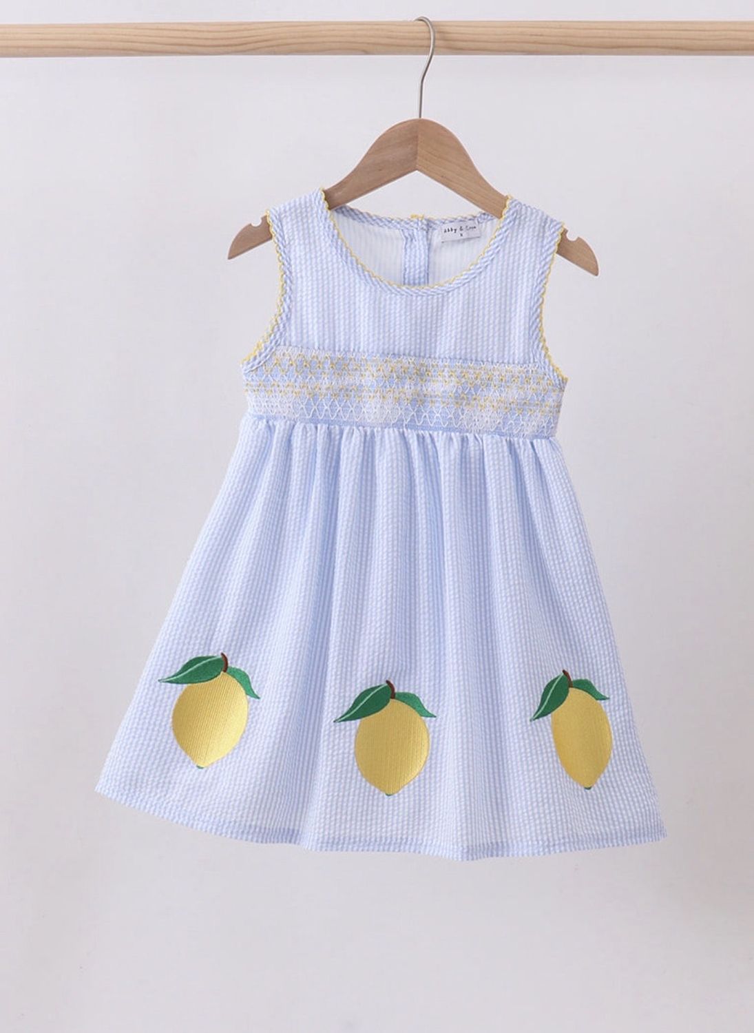 Girls Blue Seersucker Lemon Embroidered Dress