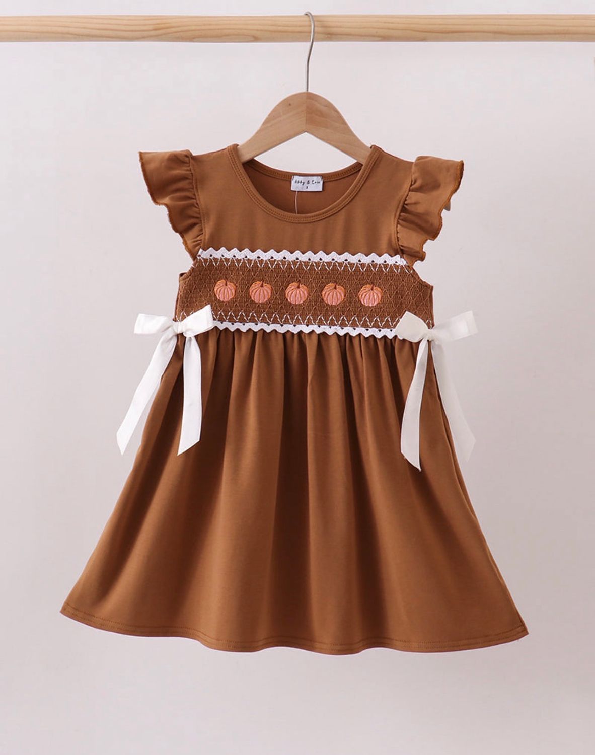 Girls Brown Pumpkin Halloween/Thanksgiving Smocked Lace Dress