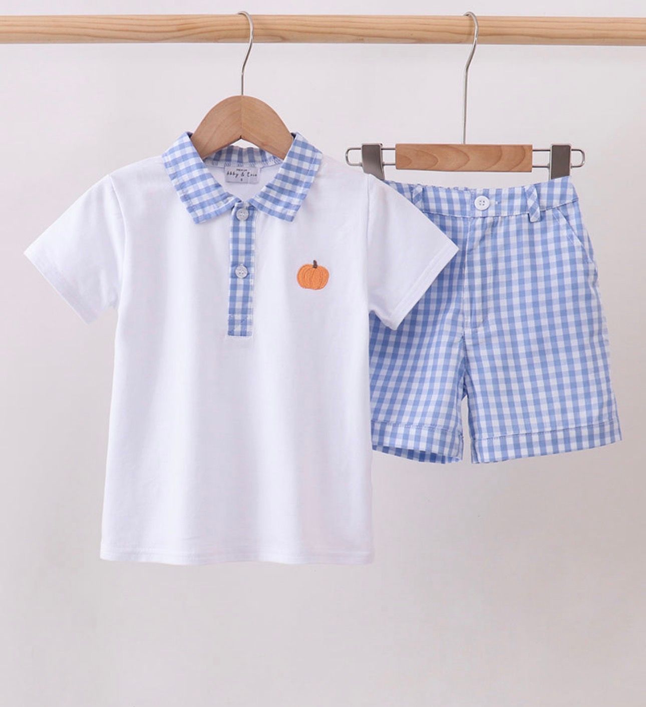 Boys Blue GIngham Halloween Pumpkin Embroidery Shorts Set