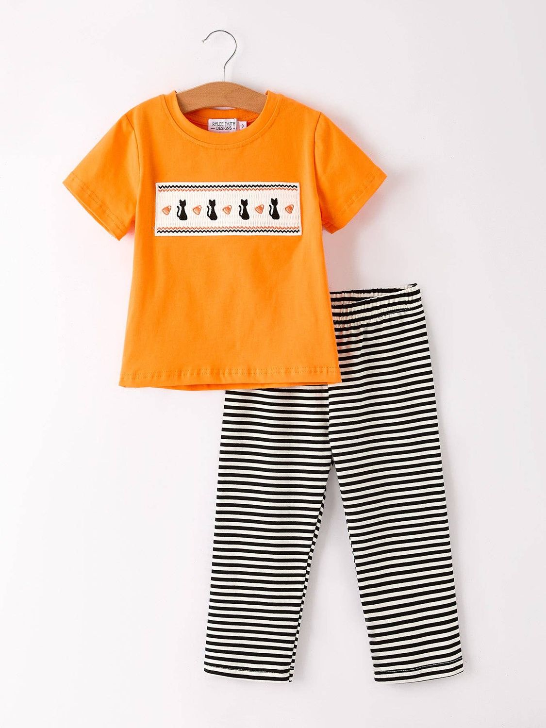Halloween Striped Boy Set with Cat Smocking Embroidery