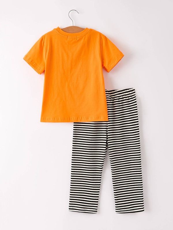 Halloween Striped Boy Set with Cat Smocking Embroidery