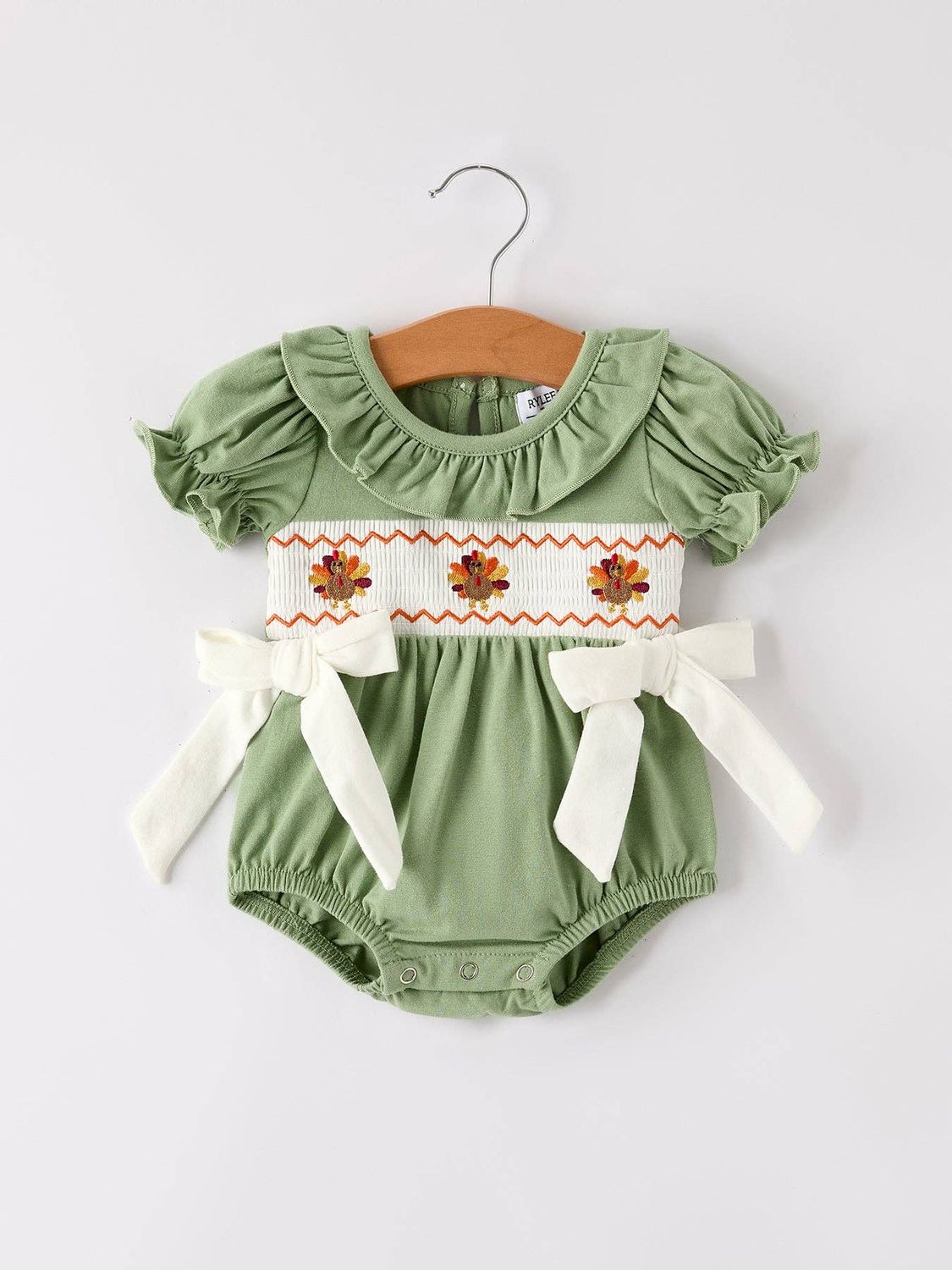 Green Thanksgiving Girl Smocked Turkey Bubble