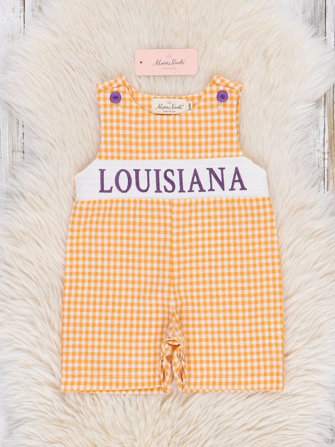 Louisiana LSU Smocked Gingham Johnny, Size: 6/12MOS