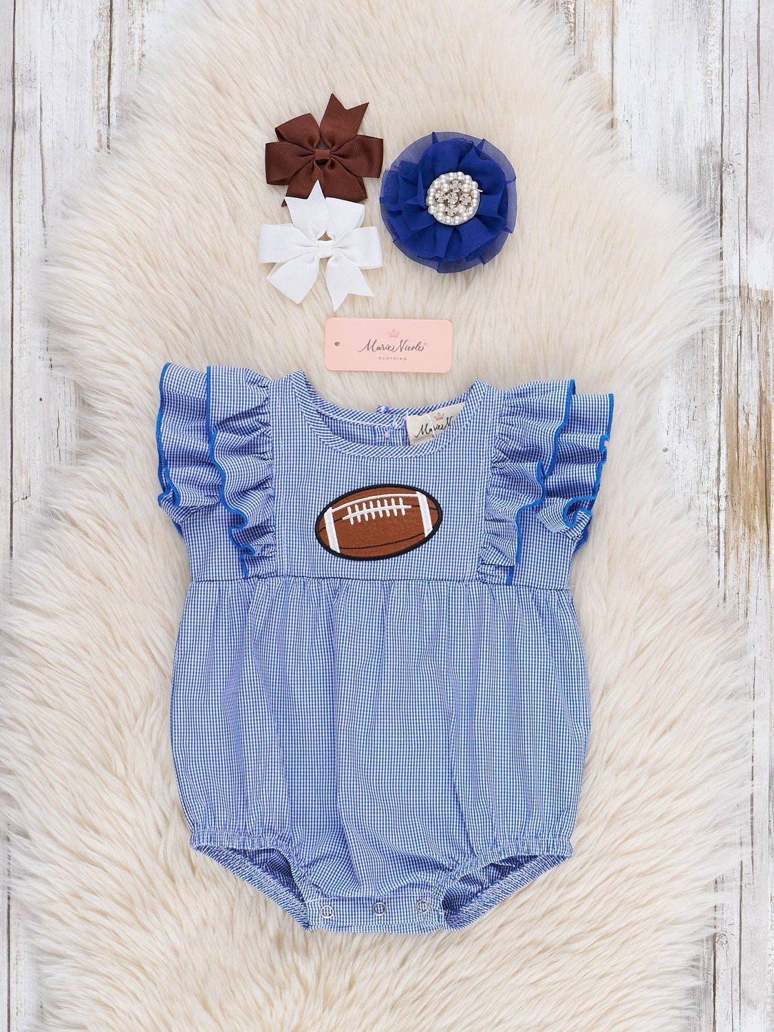 Blue Stripe Cotton Embroidered Football Ruffle Bubble, Size: 0/3MOS