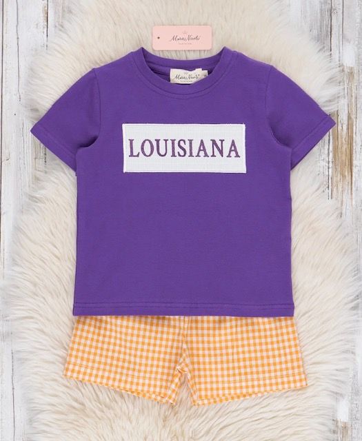 Boys LSU Smocked Gingham Shorts/Purple T Set