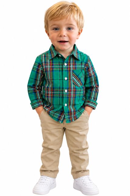 Boys Green Plaid Christmas Button Down Shirt