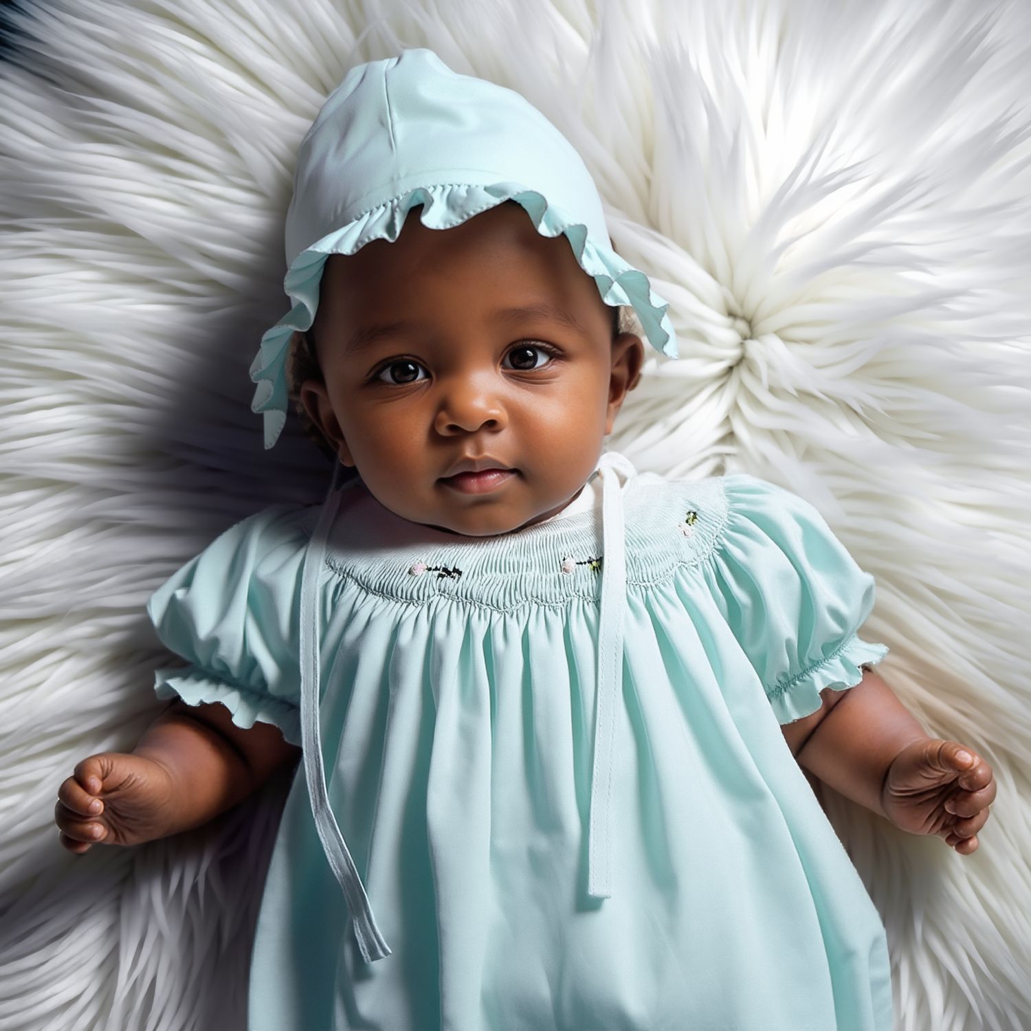 Mint Geometric Smocked W Flowers Bishop Dress/Bonnet