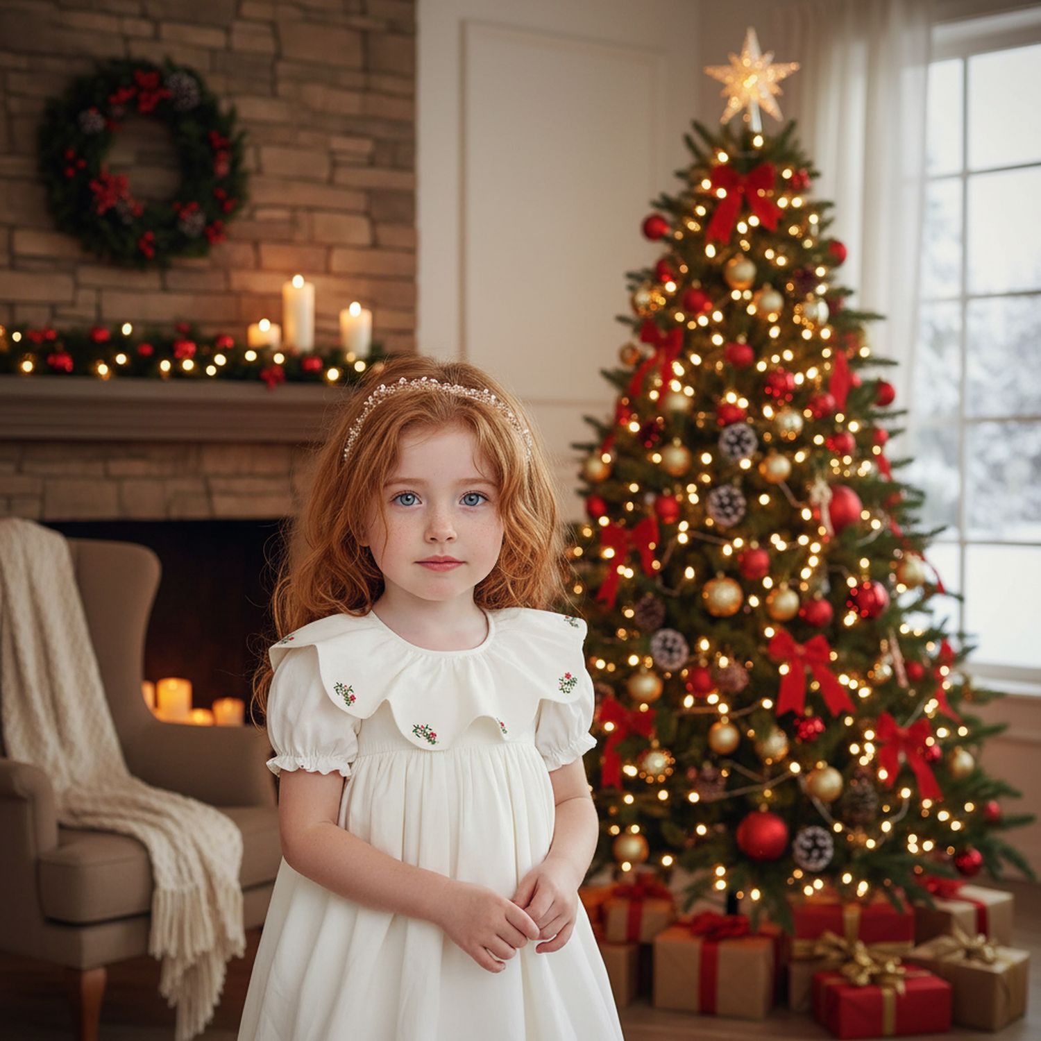 Girls Christmas White Ruffled Collar Dress Embroidery
