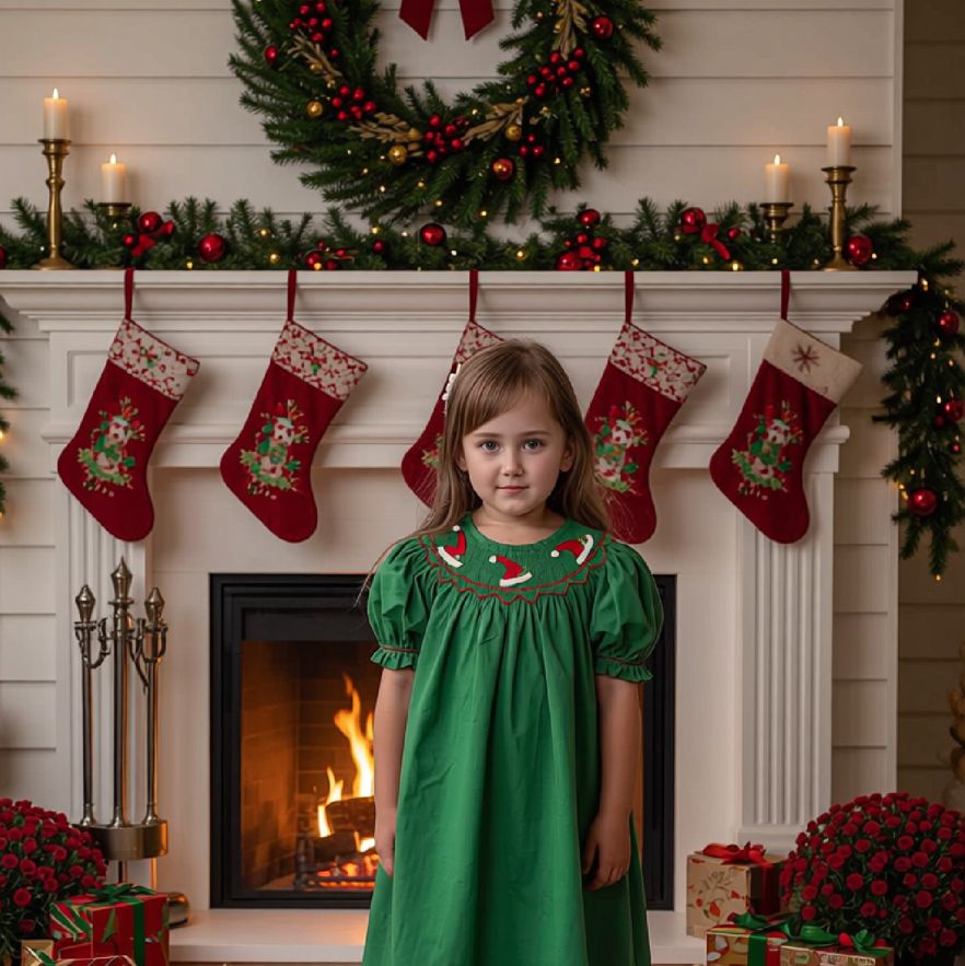 Girls Christmas Green Bishop Dress With SANTA HATS