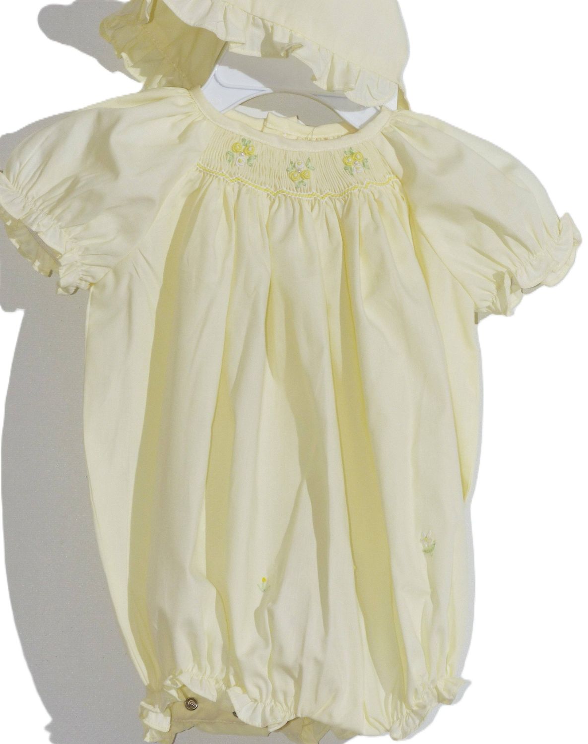 Yellow Smocked Short Raglan Sleeve Bubble and Bonnet