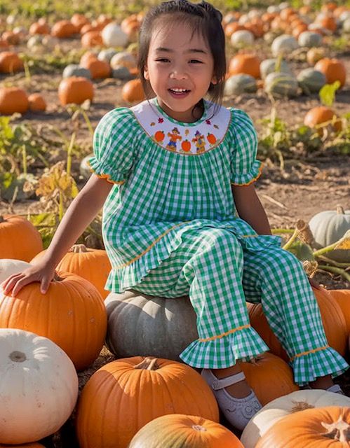 Girls Halloween/Thanksgiving Green Gingham Smocked Pants Set