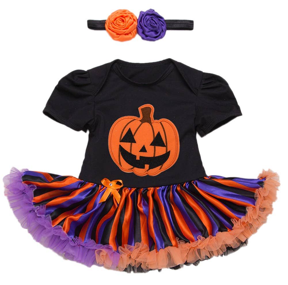 Black Multi Halloween Pumpkin Tutu Dress Romper, Size: 12-18 Months