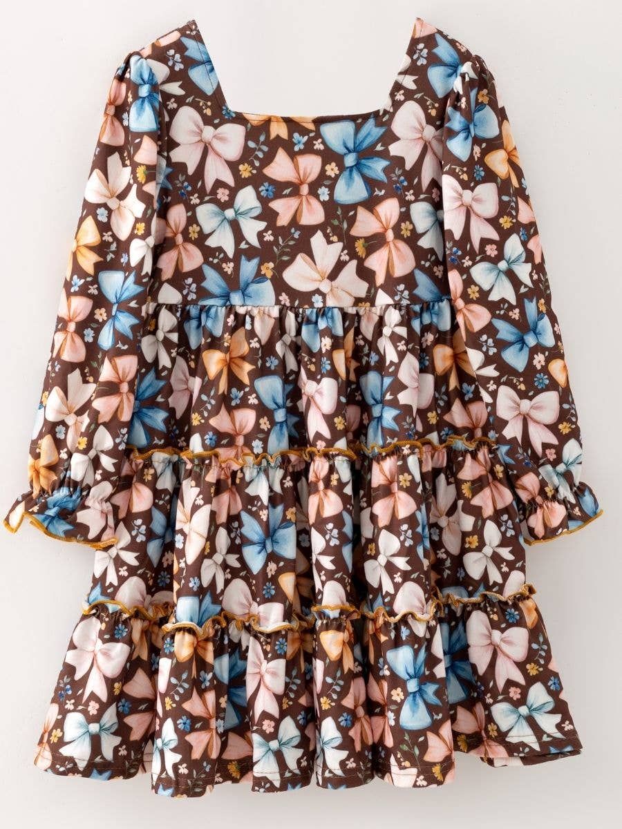 Girls Thanksgiving Bow Print Ruffle Tiered Dress, Size: 2T