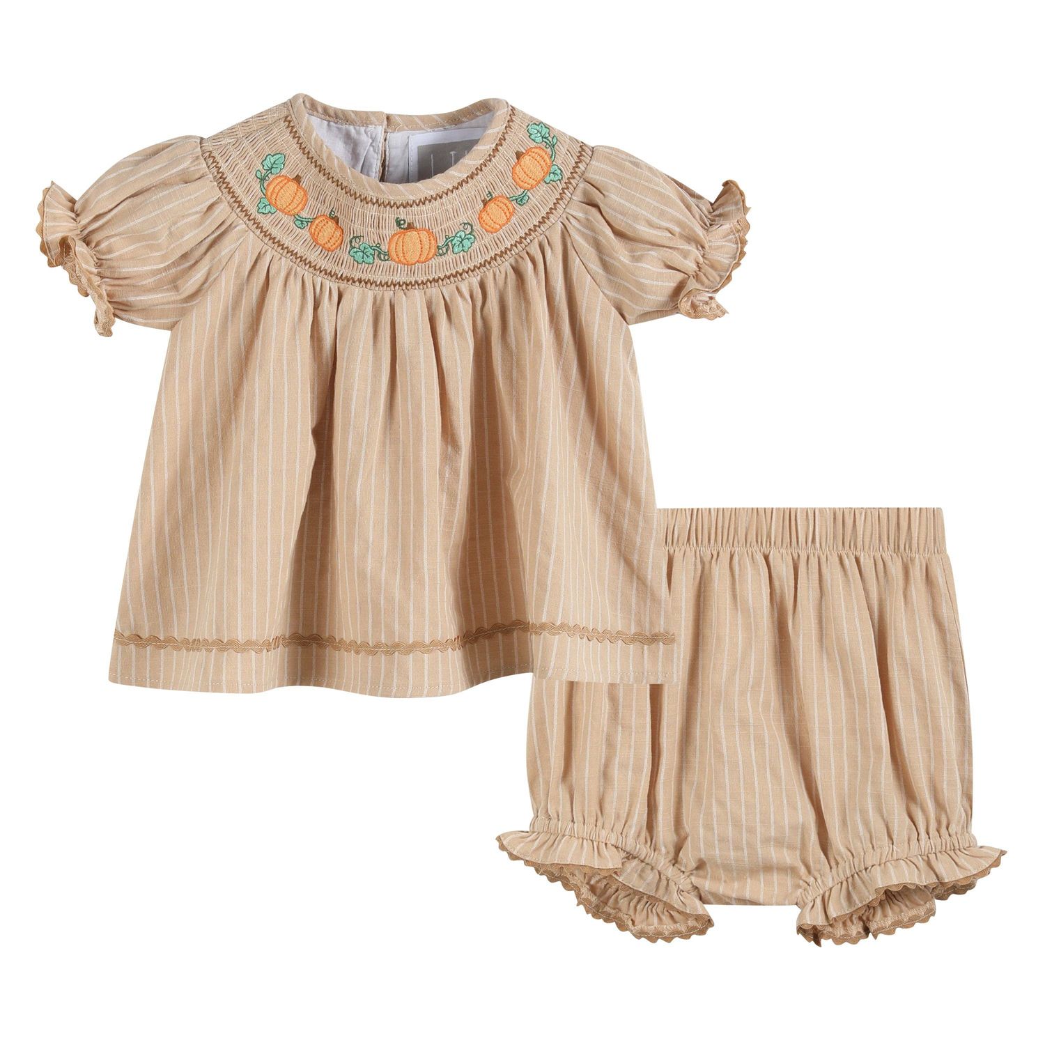 Girls Thanksgiving Tan Pinstripe Pumpkin Bloomer Set