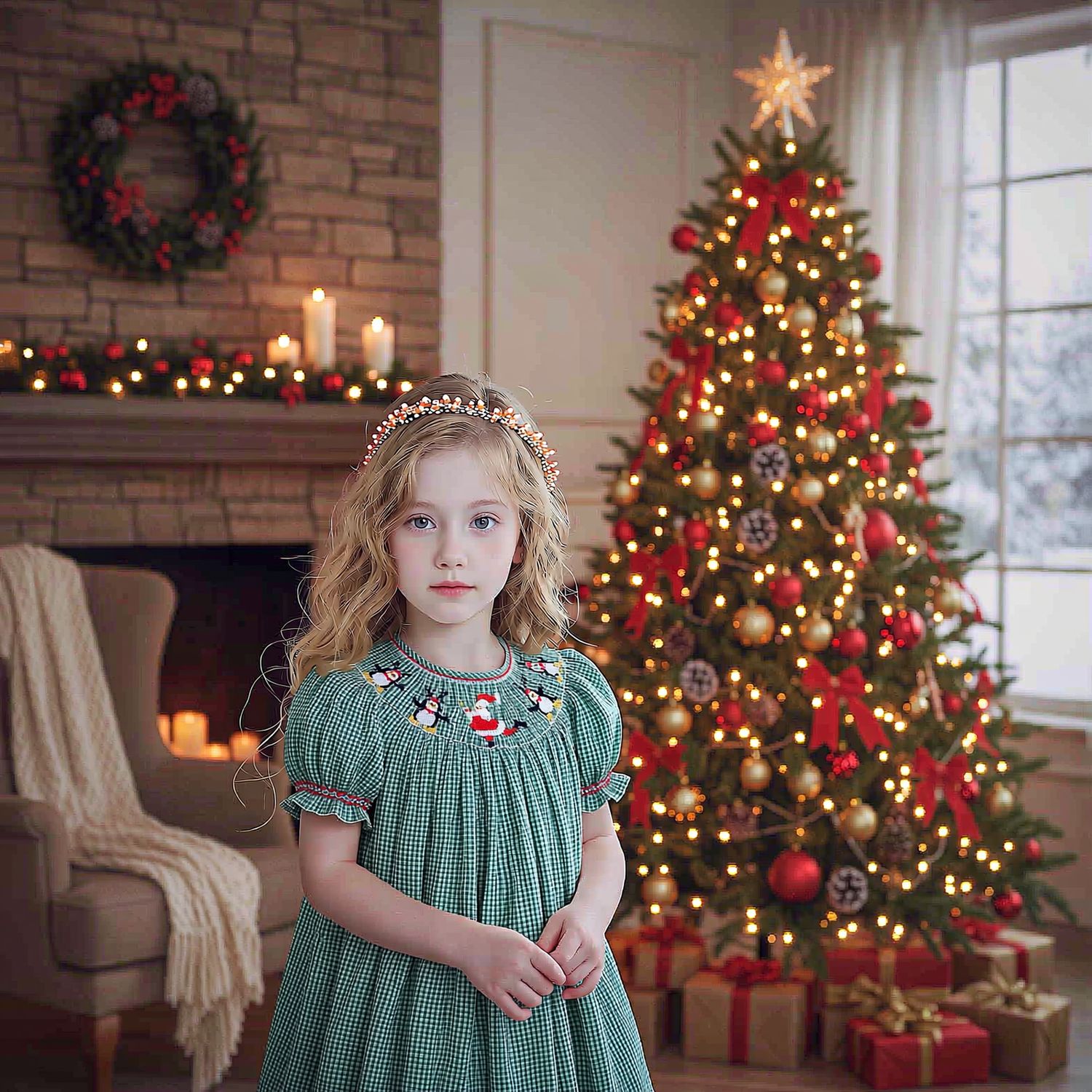 Girls Christmas Green Gingham Santa Smocked