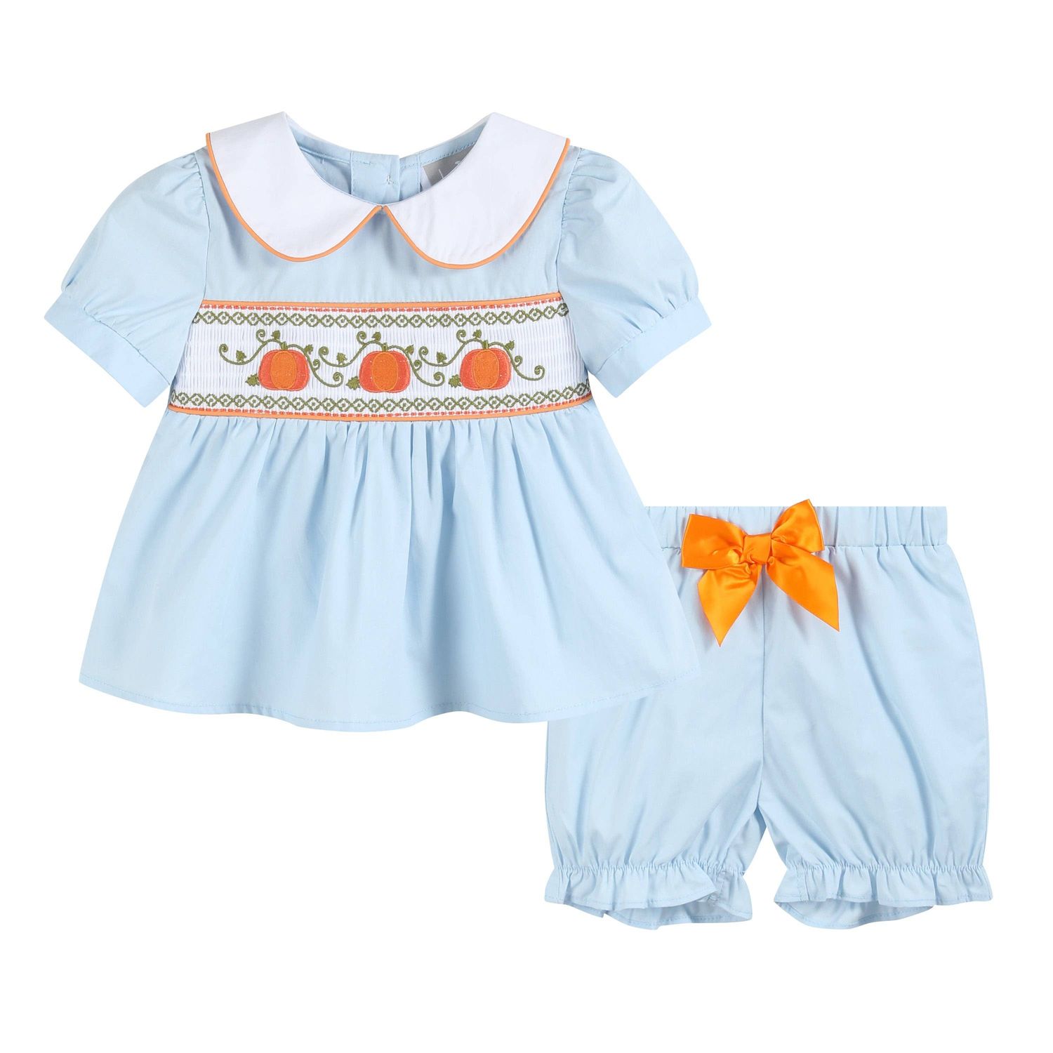 Light Blue Thanksgiving Pumpkin Vine Smocked Set