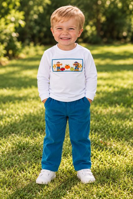 Boys Blue Thanksgiving Set with Smocked Scarecrows