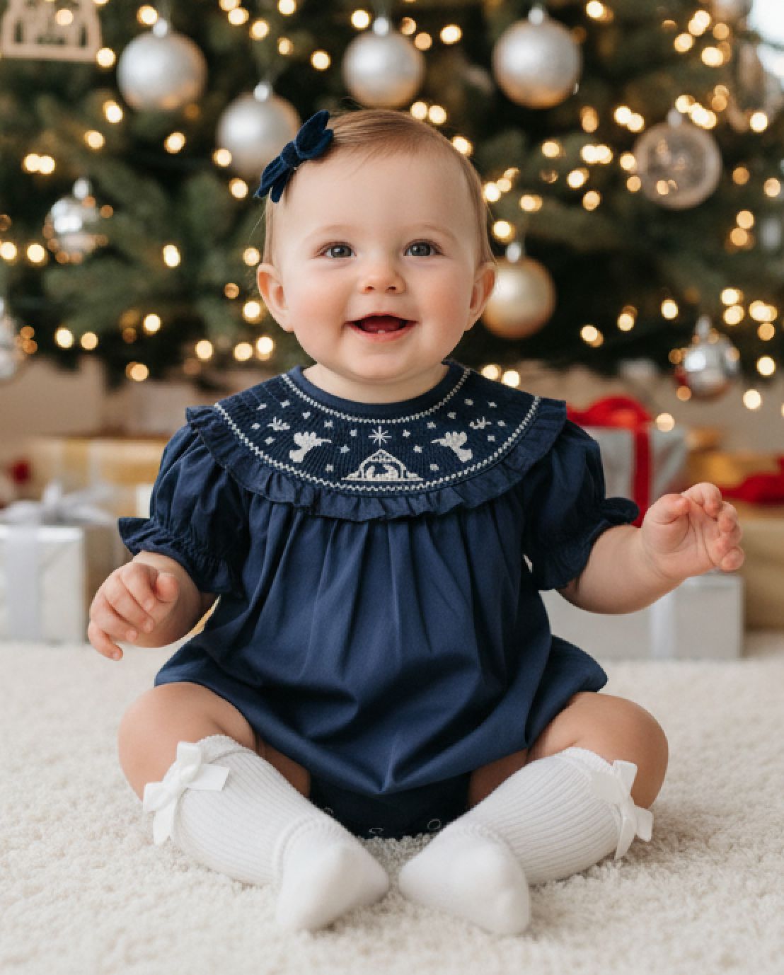 Girls Christmas Blue Nativity Smocked Bubble