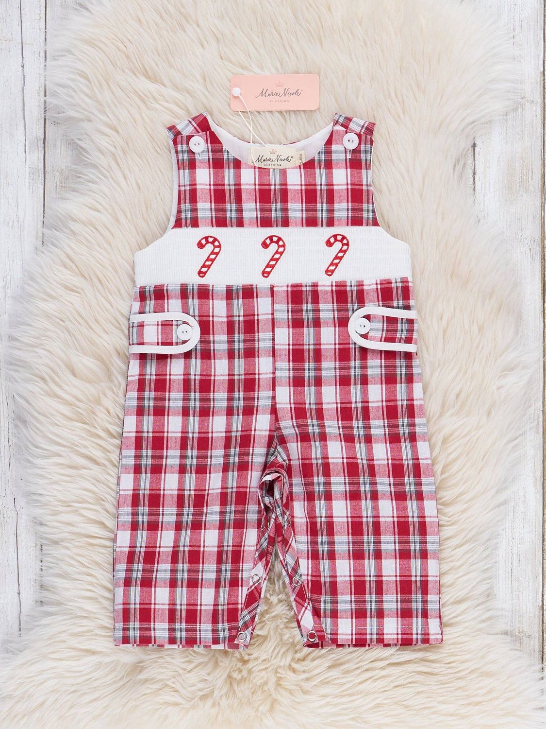 Boys Christmas Candy Cane Plaid Smocked Jon, Size: 12/18MOS