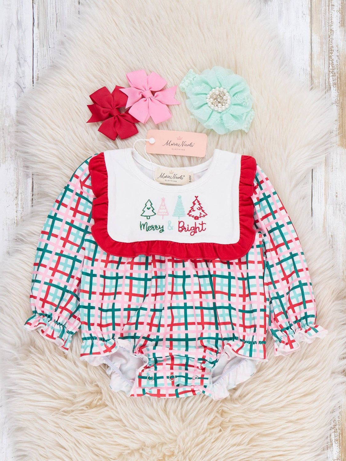 Girls "Merry &amp; Bright" Christmas Tree Embroidered Bubble, Size: 0/3MOS