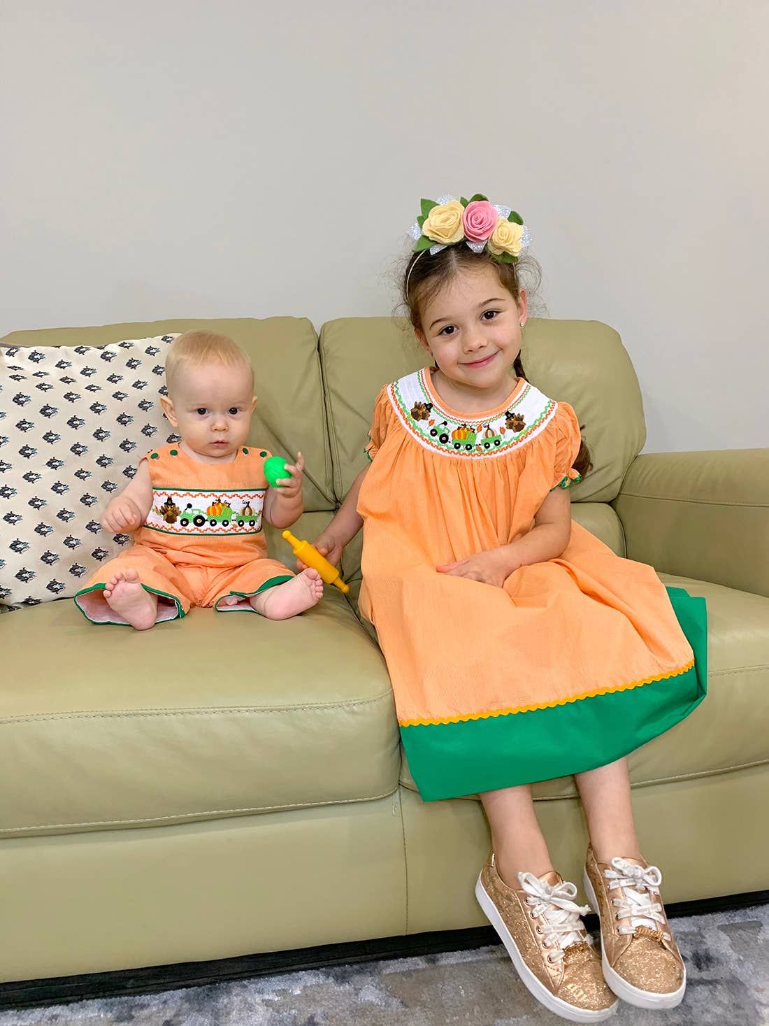 Baby Girl Thanksgiving Turkey Tractor Smocked Dress