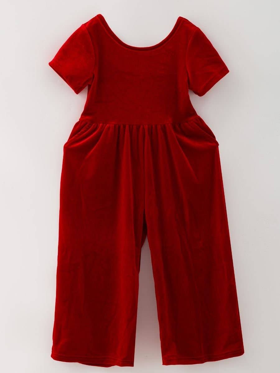 Classic Holiday Velvet Girls Jumpsuits with Pockets, Color: Red, Size: 3T