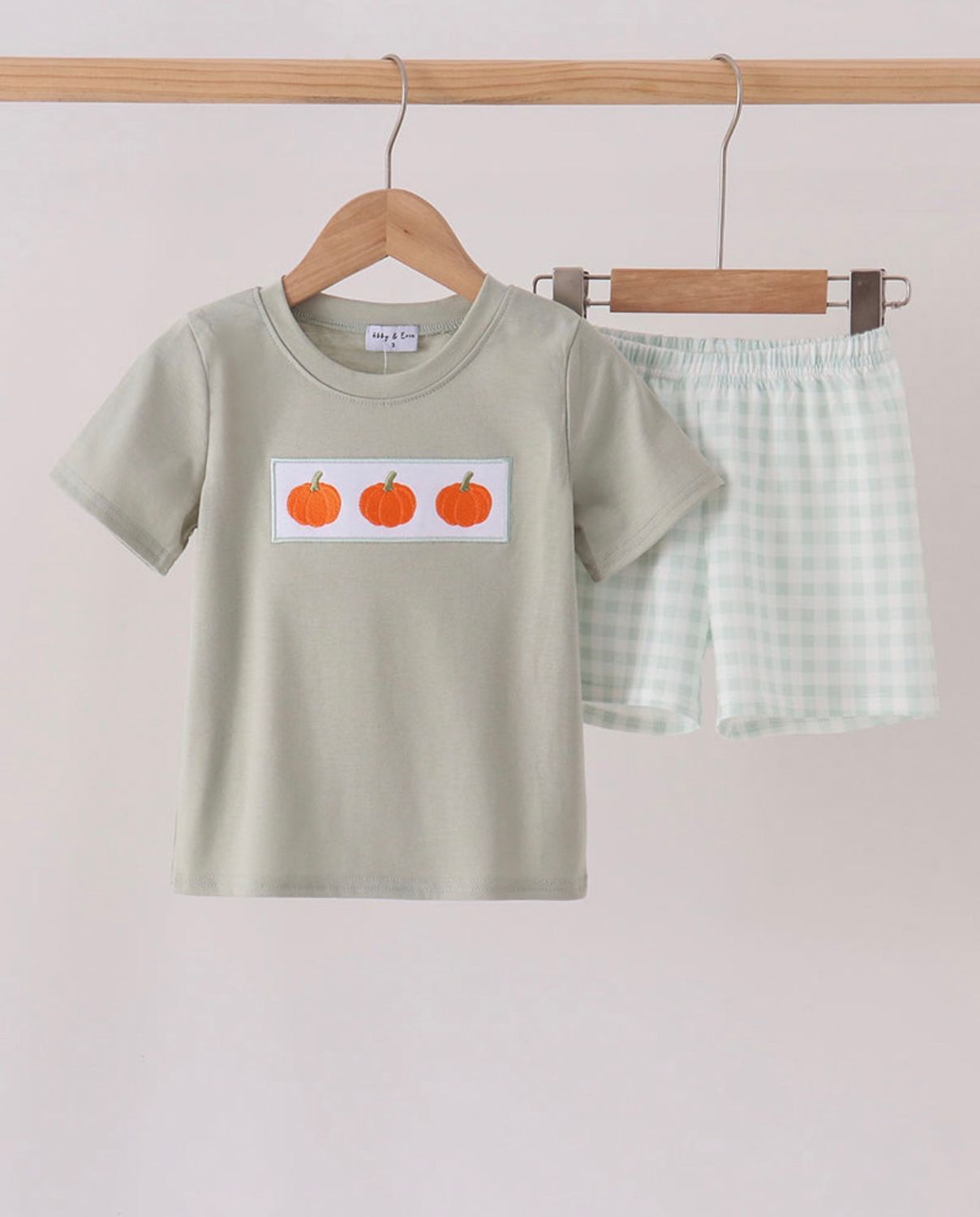 Boys Sage Green Fall pumpkin Shorts Set