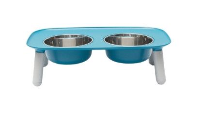 Messy Mutts Elevated Double Feeder with Stainless Bowls for Dogs, Blue