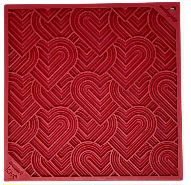 SodaPup eMat Love Hearts Design Enrichment Lick Mat Dog Slow Feeder, Red, Large