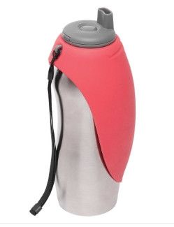 Messy Mutts Stainless Travel Water Bottle with Silicone Flip Up Bowl for Dogs, Watermelon