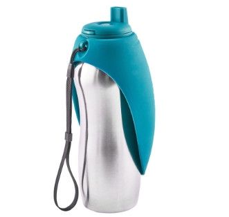 Messy Mutts Stainless Travel Water Bottle with Silicone Flip Up Bowl for Dogs, Blue, 24-oz