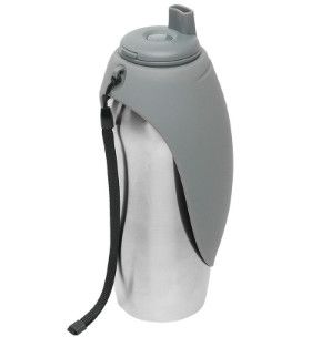 Messy Mutts Stainless Travel Water Bottle with Silicone Flip Up Bowl for Dogs, Grey