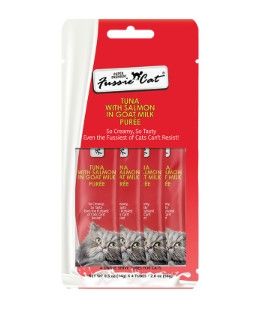 Fussie Cat Super Premium Tuna with Salmon in Goat Milk Puree Cat Treats, 4-count