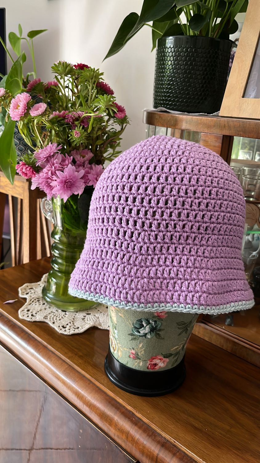 Wrzosowy bucket hat z bawełny – ręcznie szydełkowany (HMZ1021)