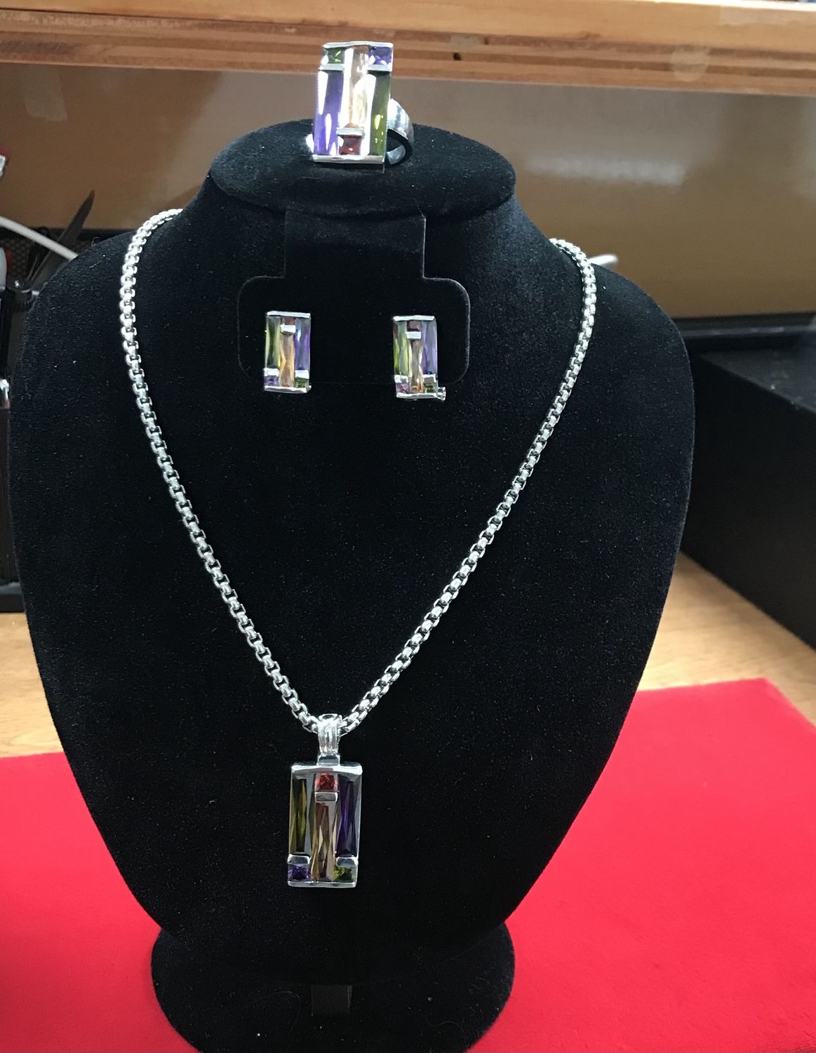 Set of 3 Sterling Silver Chain with Gem stone Pendant ,Earrings, and Ring size 7