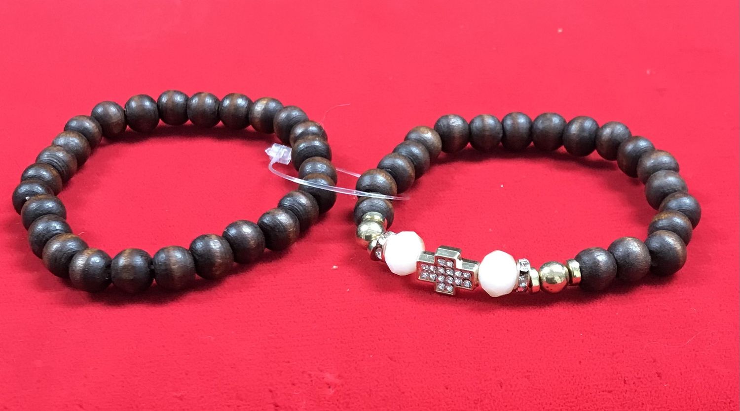 Wood Stretchy Bracelets . One with Charms. Brown